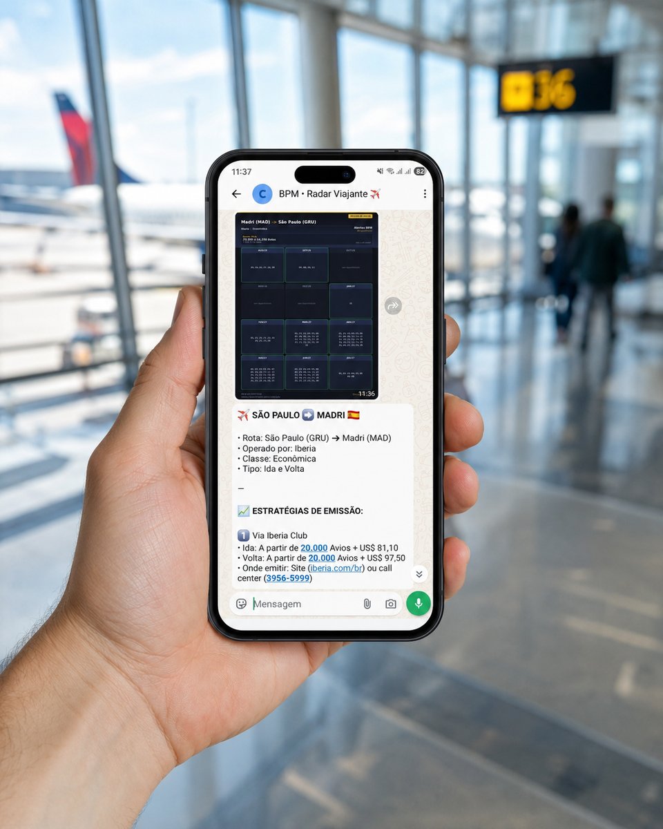 foto: alerta de passagem no WhatsApp, aeroporto ao fundo