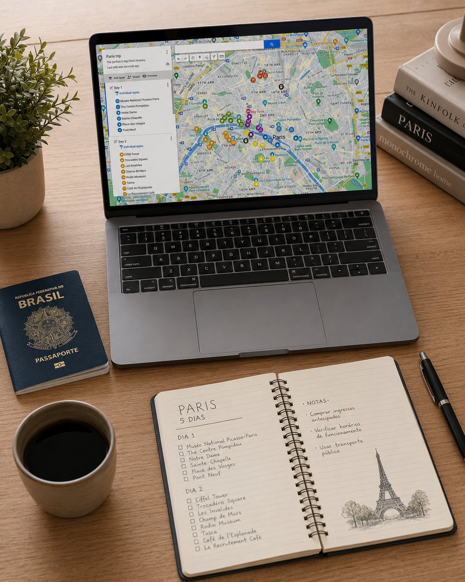 foto: planejamento de viagem, notebook e caderno de anotações